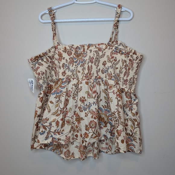NWT White Tan Floral Sleeveless Smocked Babydoll Tank Top Women's XXL Cotton - Picture 3 of 10